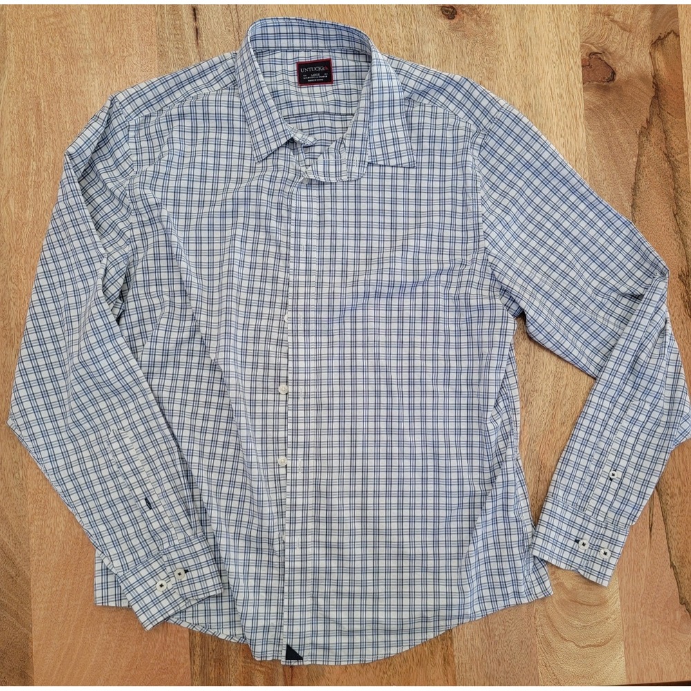 UNTUCKit Shirt Mens Large- White Light Blue Plaid Long Sleeve Button  Casual